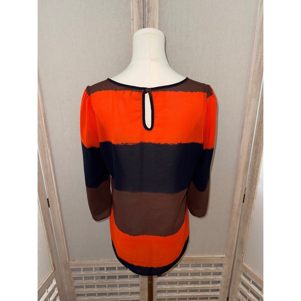 Umgee Striped Tunic Top Blouse 3/4 Sleeve Orange Brown Navy - Size Medium - Picture 5 of 7